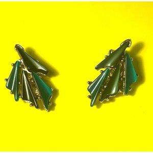 Green, Blue, and Gold Asymmetric Vintage JayCraft Clip Earrings Collectible!